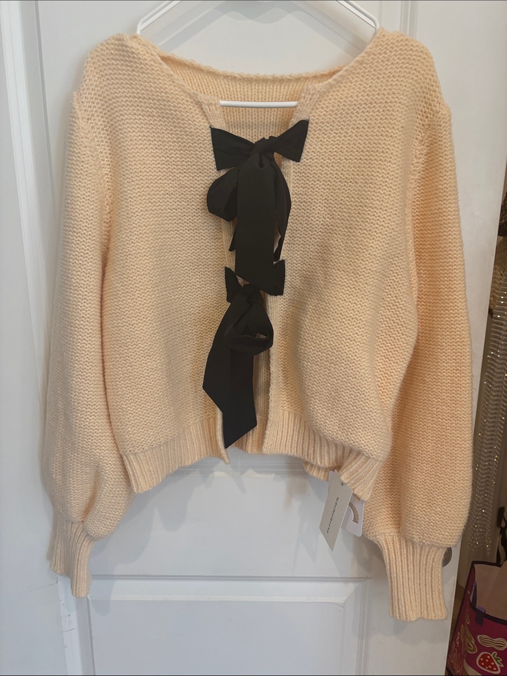 Commense Cream Knit Cardigan with Black Ribbon Details